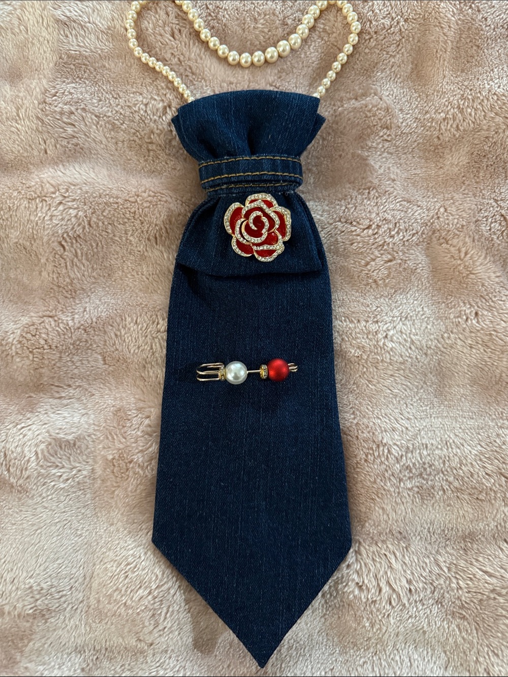 Women's Dark Blue Denim Tie with Red Rose Pin